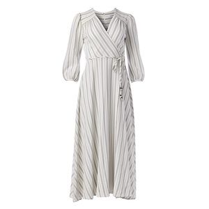 CALVIN KLEIN Stripped Wrap Maxi Dress with Elbow Puff Sleeve Ivory Grey size 12.